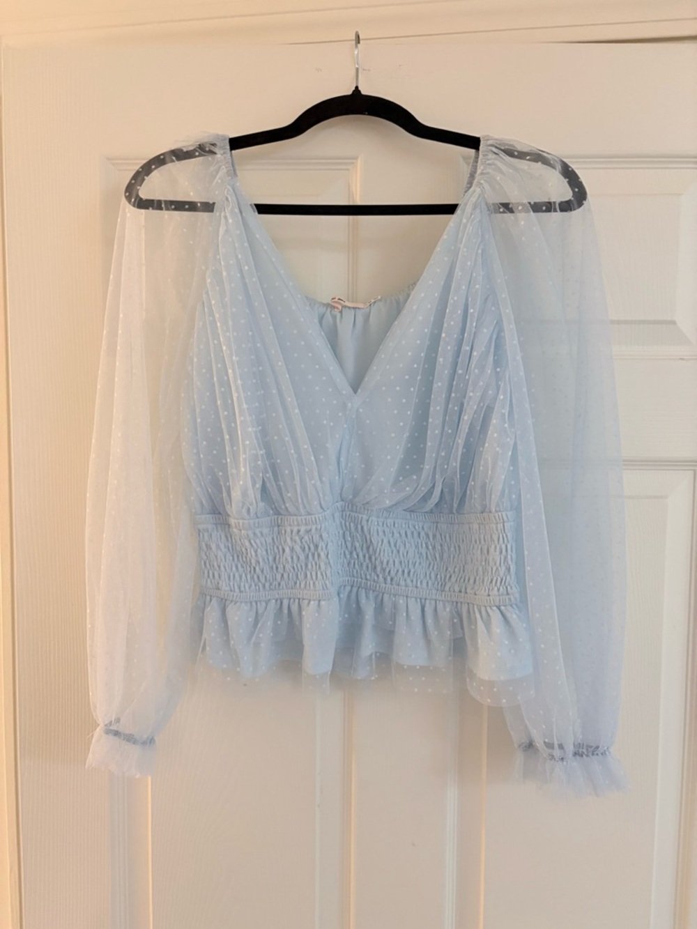 NWOT Light Blue Sheer Dot Peplum Blouse